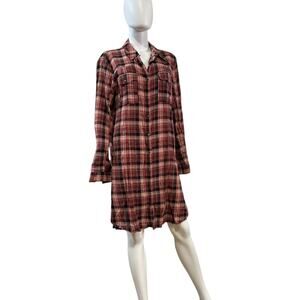 Free People Dark Pink Textured Cotton Plaid Button-Down Shirt Dress Size L